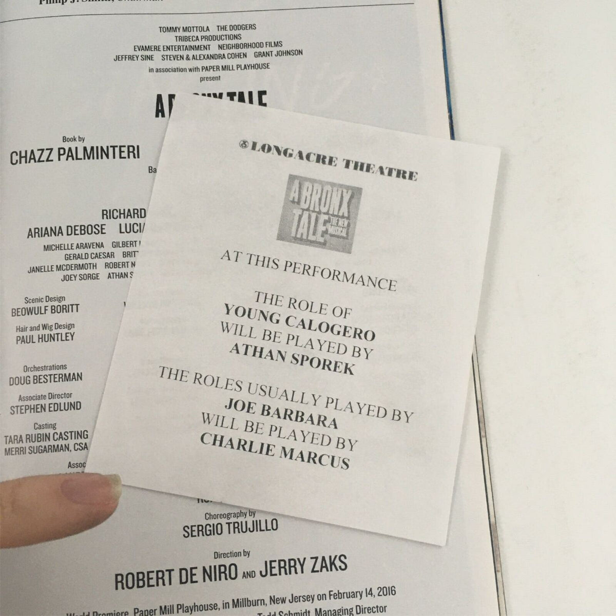 Specific performance details insert from the 2017 Playbill A Bronx Tale, indicating cast information for Young Calogero.