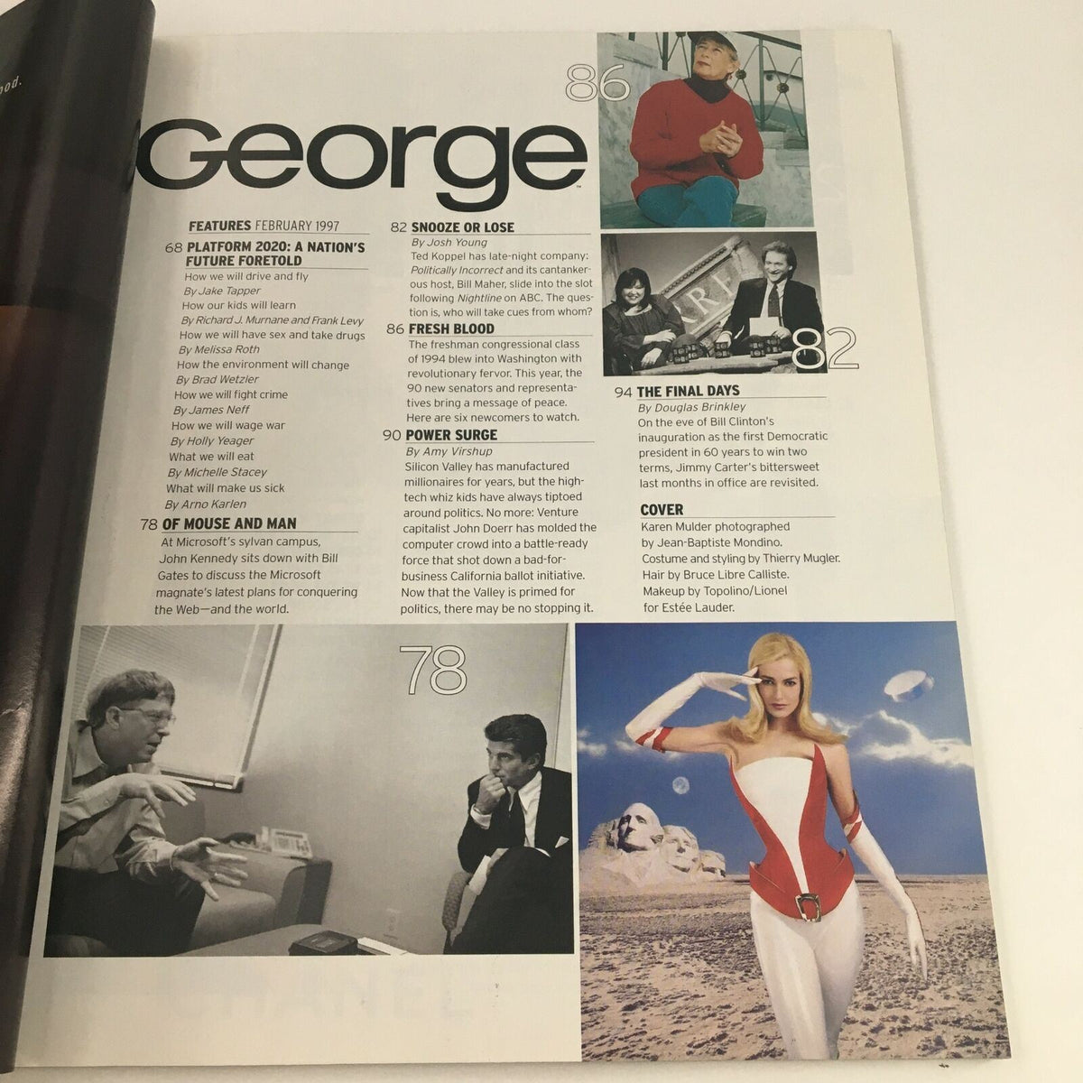 Inside pages of George Magazine February 1997 featuring articles with Bill Gates, Jimmy Carter, Carl Sagan, including a photo of Gates in discussion.
