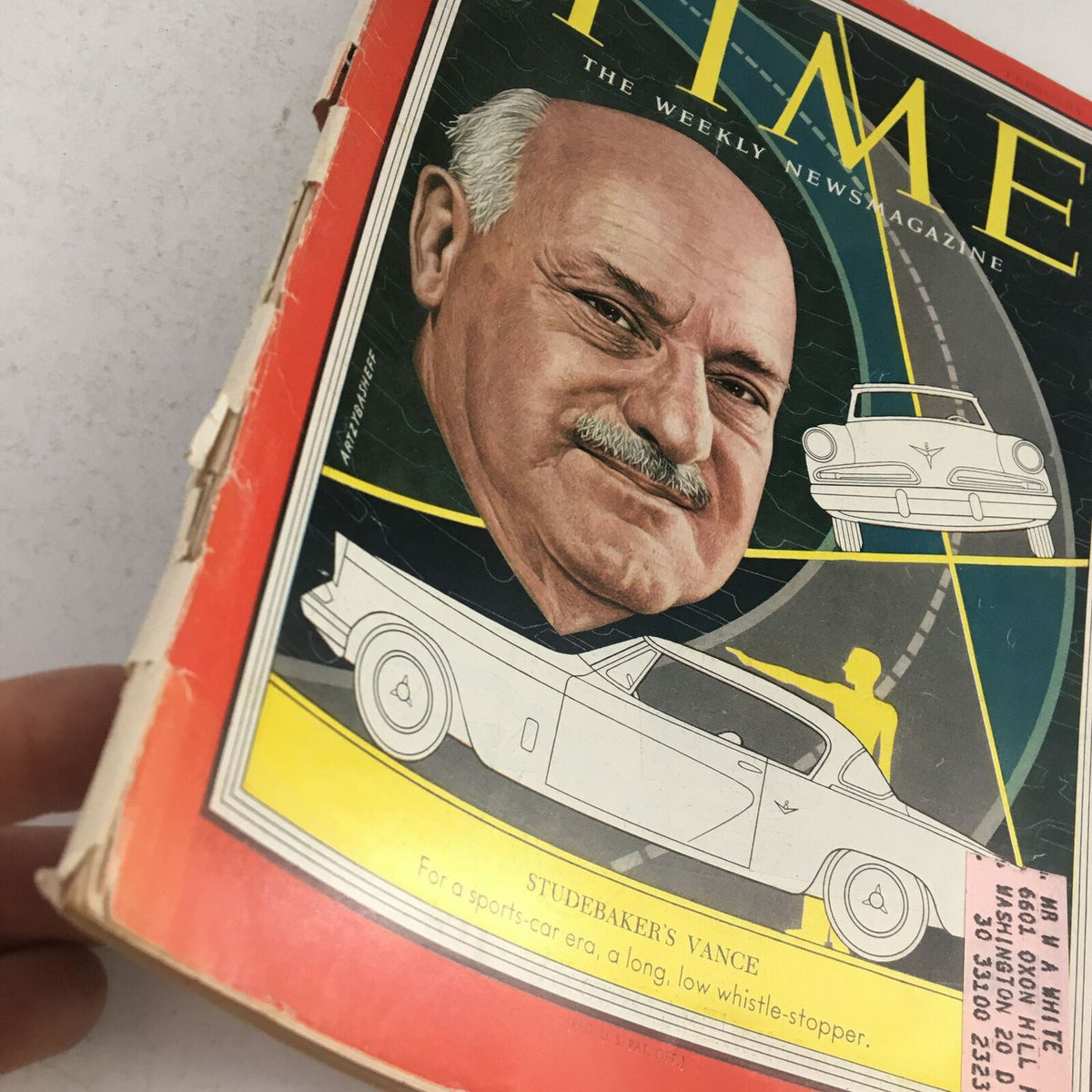 Cover of Time Magazine, February 2, 1953, featuring Studebaker's Harold Sines Vance, showcasing automotive themes with vintage illustration and historical appeal.