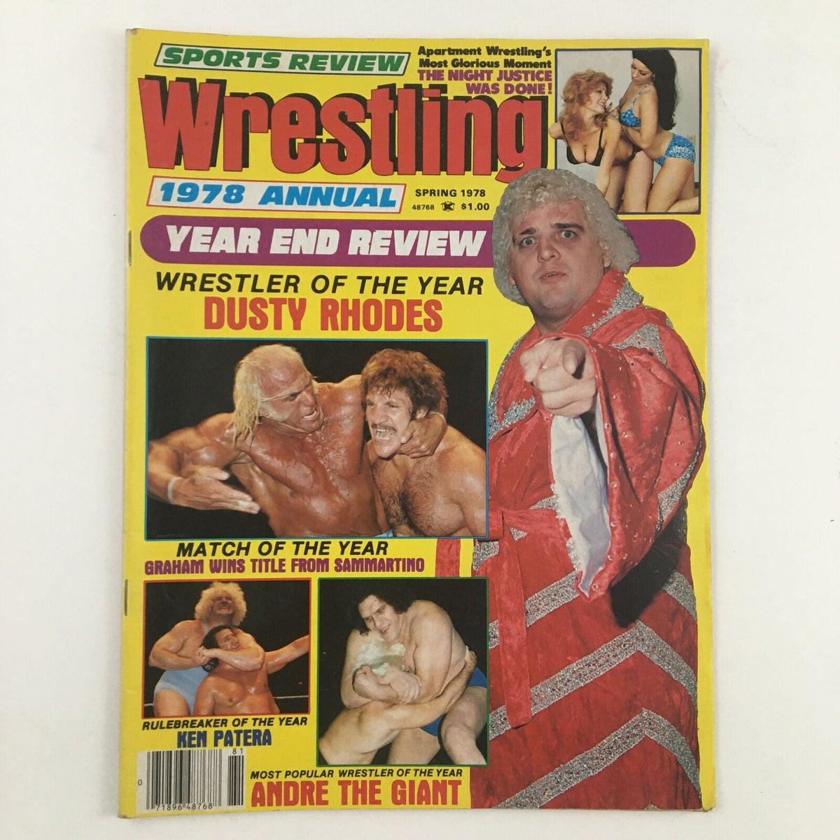 Sports Review Wrestling Magazine Spring 1978 featuring Dusty Rhodes as Wrestler of the Year and Andre the Giant as Most Popular Wrestler of the Year on the cover.