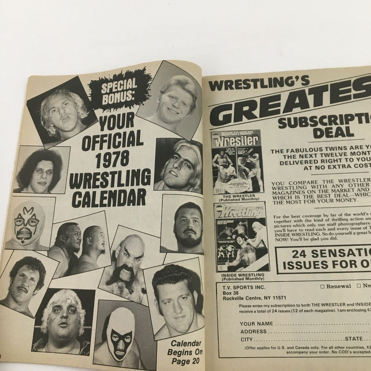 Special bonus page in Sports Review Wrestling Magazine Spring 1978 showcasing the official 1978 wrestling calendar and subscription deals.