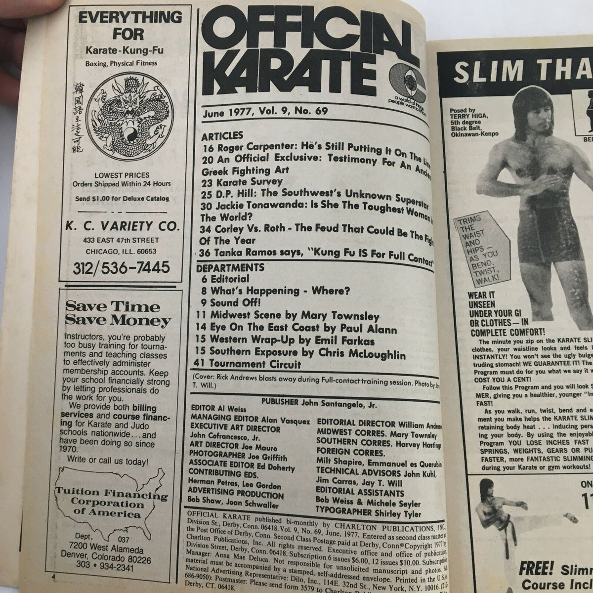 Inside page of Official Karate Magazine June 1977 Vol 9 #69 featuring the table of contents and articles on martial arts, including profiles of Roger Carpenter and Jackie Tonawanda.