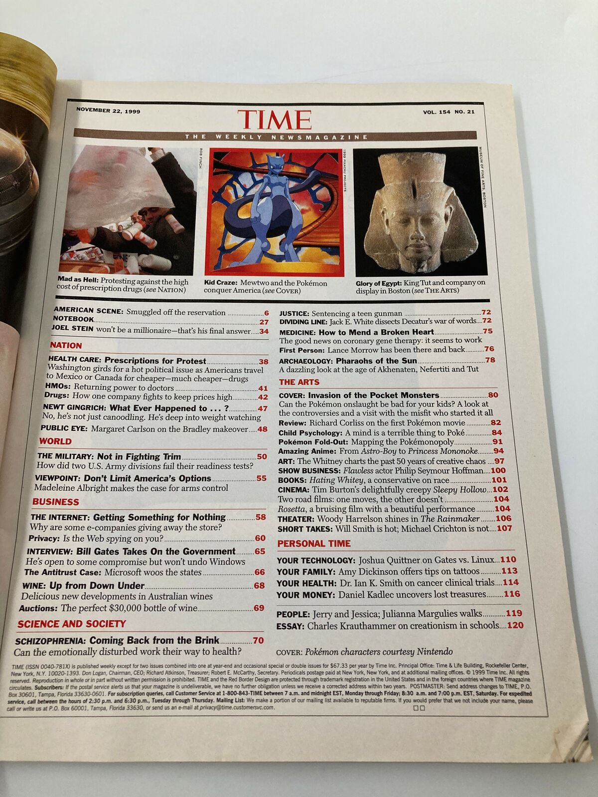 Inside page of Time Magazine November 22, 1999, Vol. 154 No. 21, listing articles including 'Invasion of the Pocket Monsters,' discussing the cultural phenomenon of Pokemon.