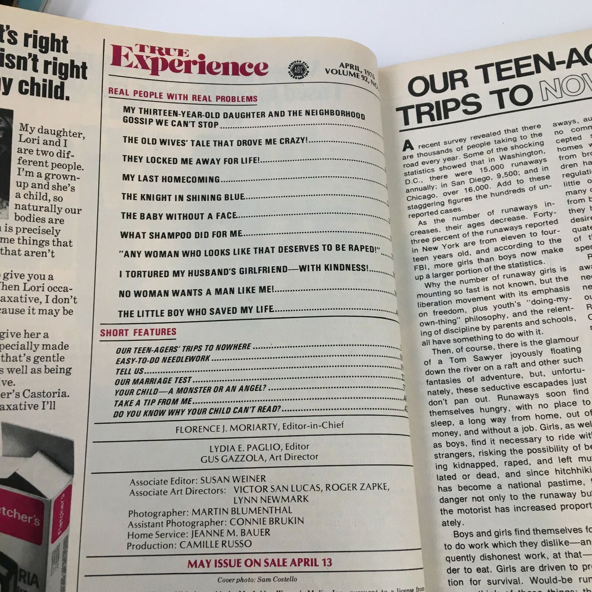 Inside content page of True Experience Magazine April 1976, listing articles including 'The Little Boy Who Saved My Life', showcasing real stories of human experience.