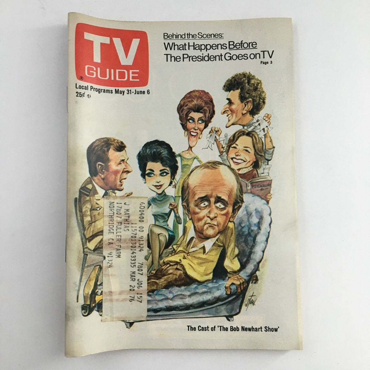 Cover of TV Guide Magazine dated May 31, 1975, featuring the cast of The Bob Newhart Show. The illustration showcases a caricature of the show's characters with a vibrant TV Guide logo.