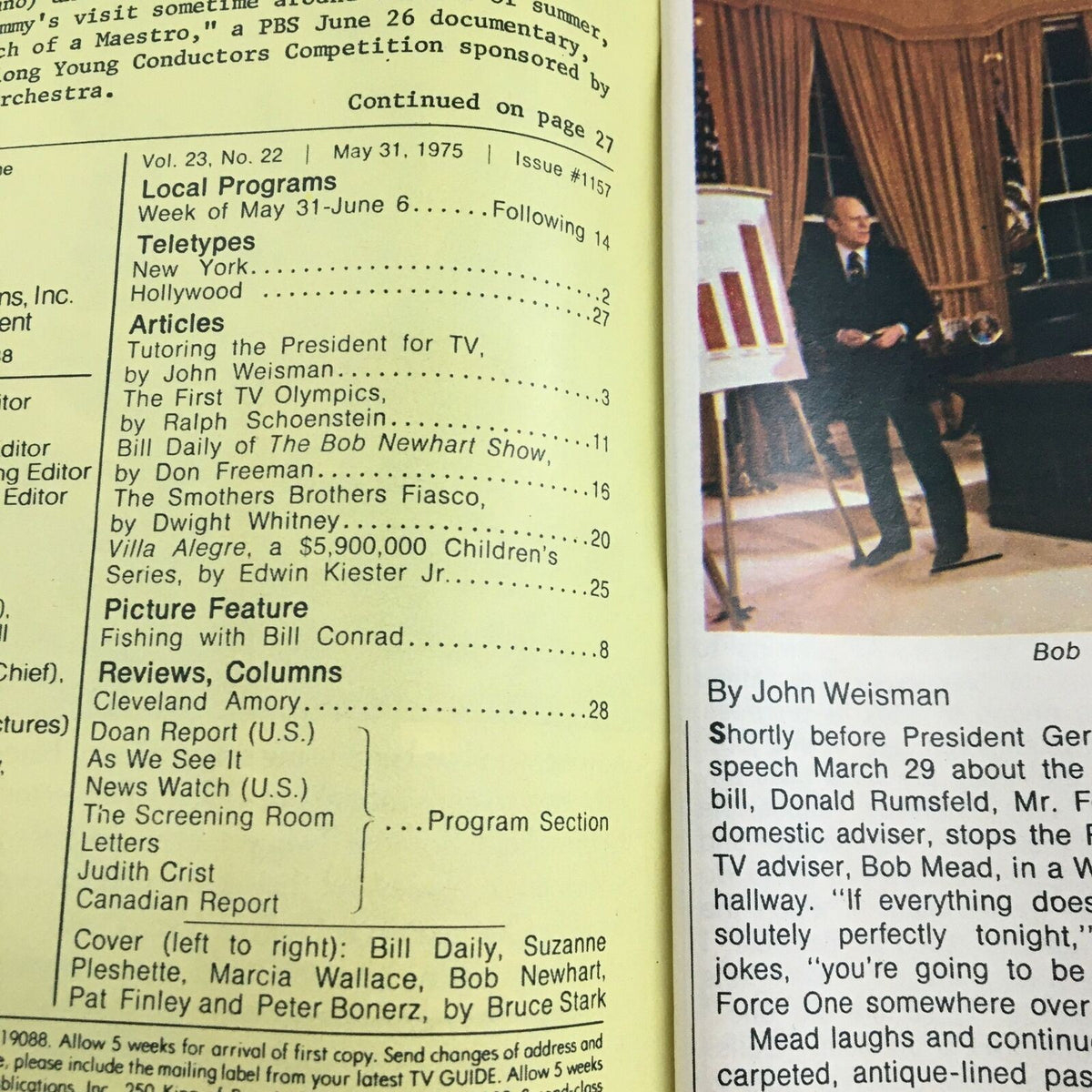 Inside page of TV Guide Magazine from May 31, 1975, displaying program listings and articles related to The Bob Newhart Show, highlighting the era's television landscape.