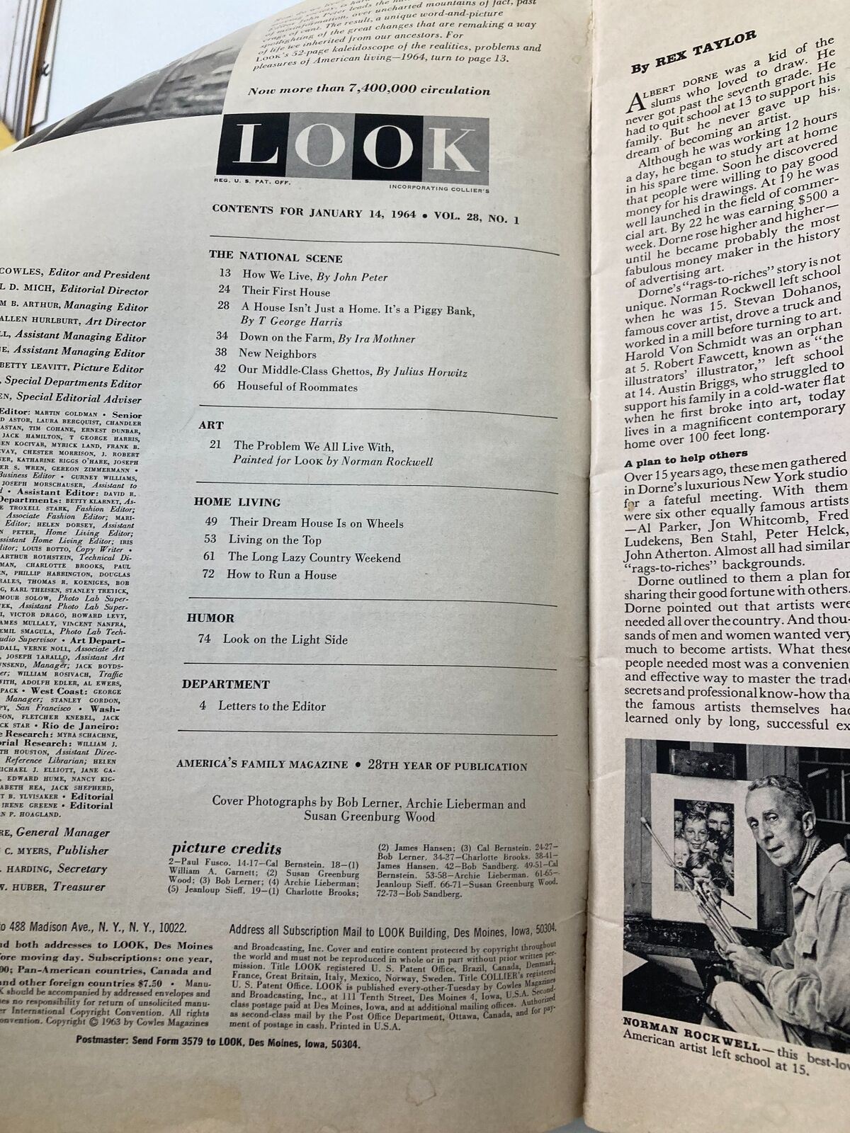Interior content page of the VTG Look Magazine from January 14, 1964, displaying an article list and highlights of the features included in the issue.