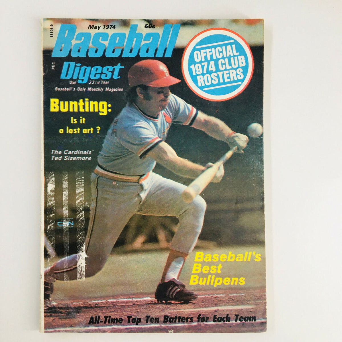 Vintage Baseball Digest Magazine cover from May 1974 featuring The St. Louis Cardinals' Ted Sizemore. The cover includes headlines about bunting and baseball's best bullpens, showcasing a prominent image of Sizemore at bat.