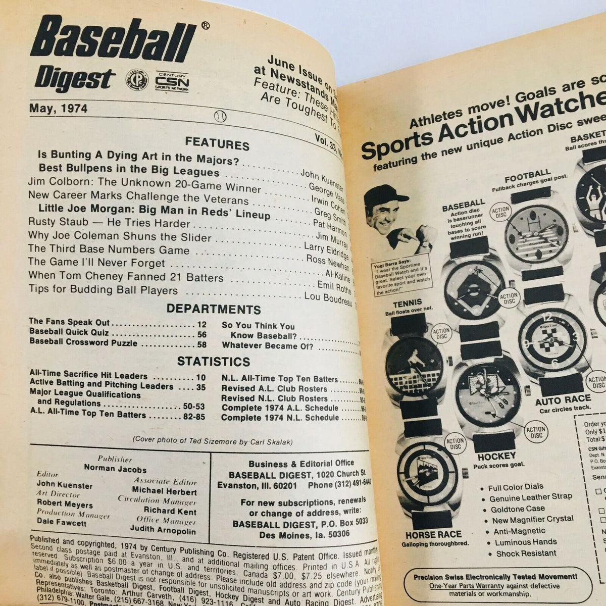 Inside page of VTG Baseball Digest Magazine May 1974 featuring Ted Sizemore of the St. Louis Cardinals, showcasing articles, features, and statistics related to baseball.
