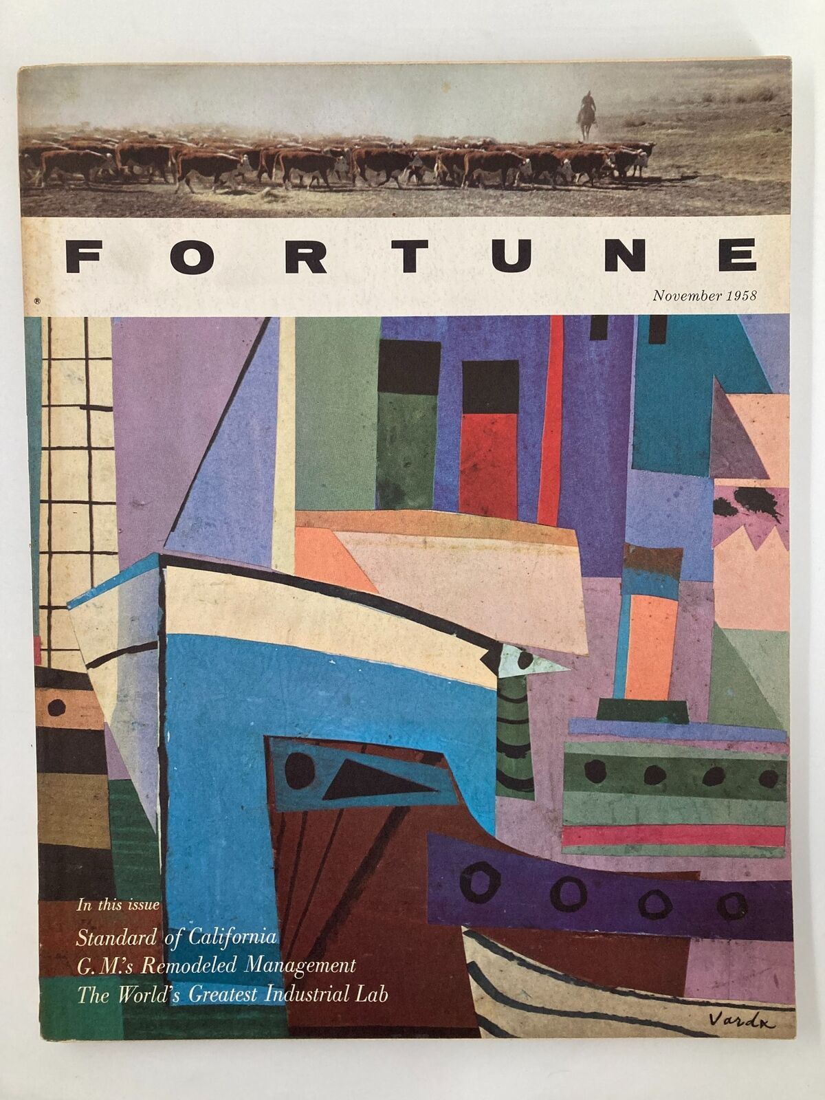 Vintage Fortune Magazine November 1958 cover featuring GM's remodeled management, showcasing a colorful abstract art design and agricultural scene.