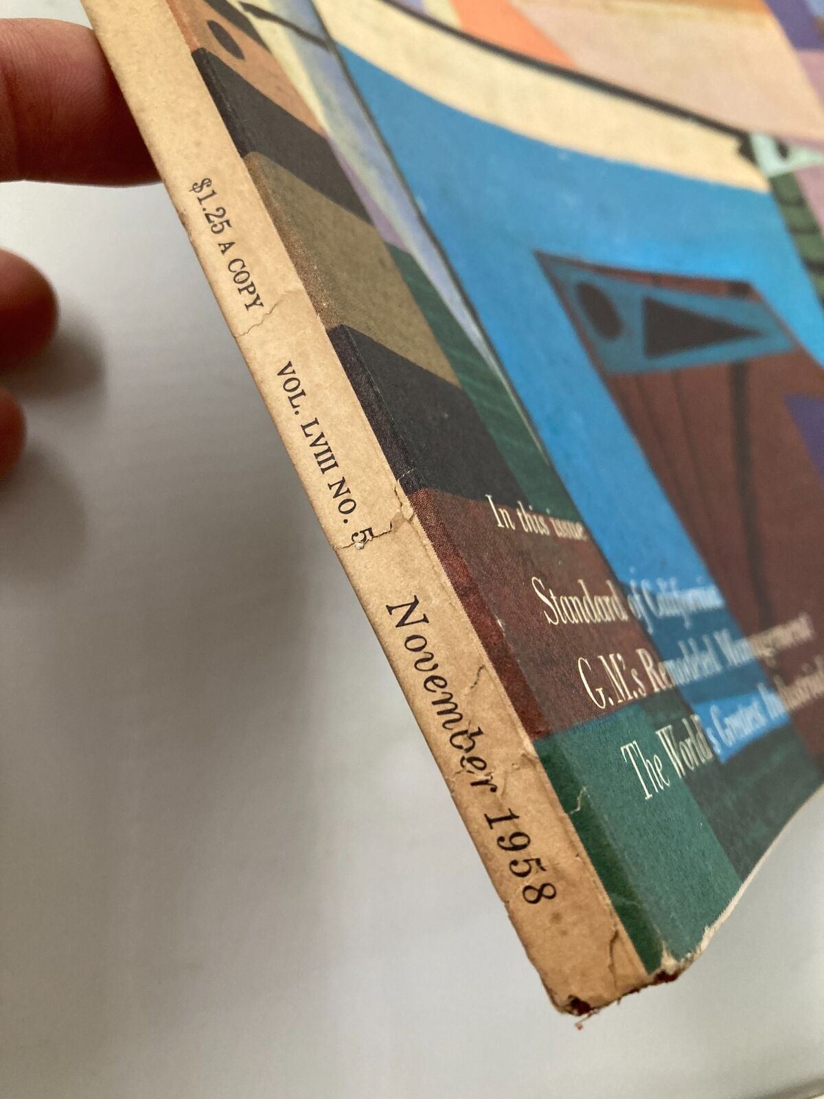 Side view of the Vintage Fortune Magazine November 1958, displaying the volume number and date, emphasizing its collectible nature.