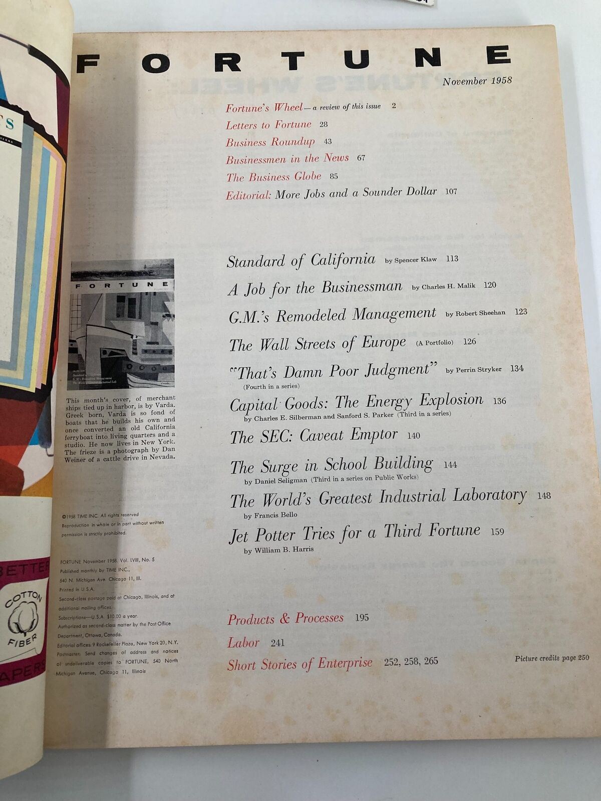 Inside page of Vintage Fortune Magazine November 1958 listing articles including GM's remodeled management, revealing its historical business content.