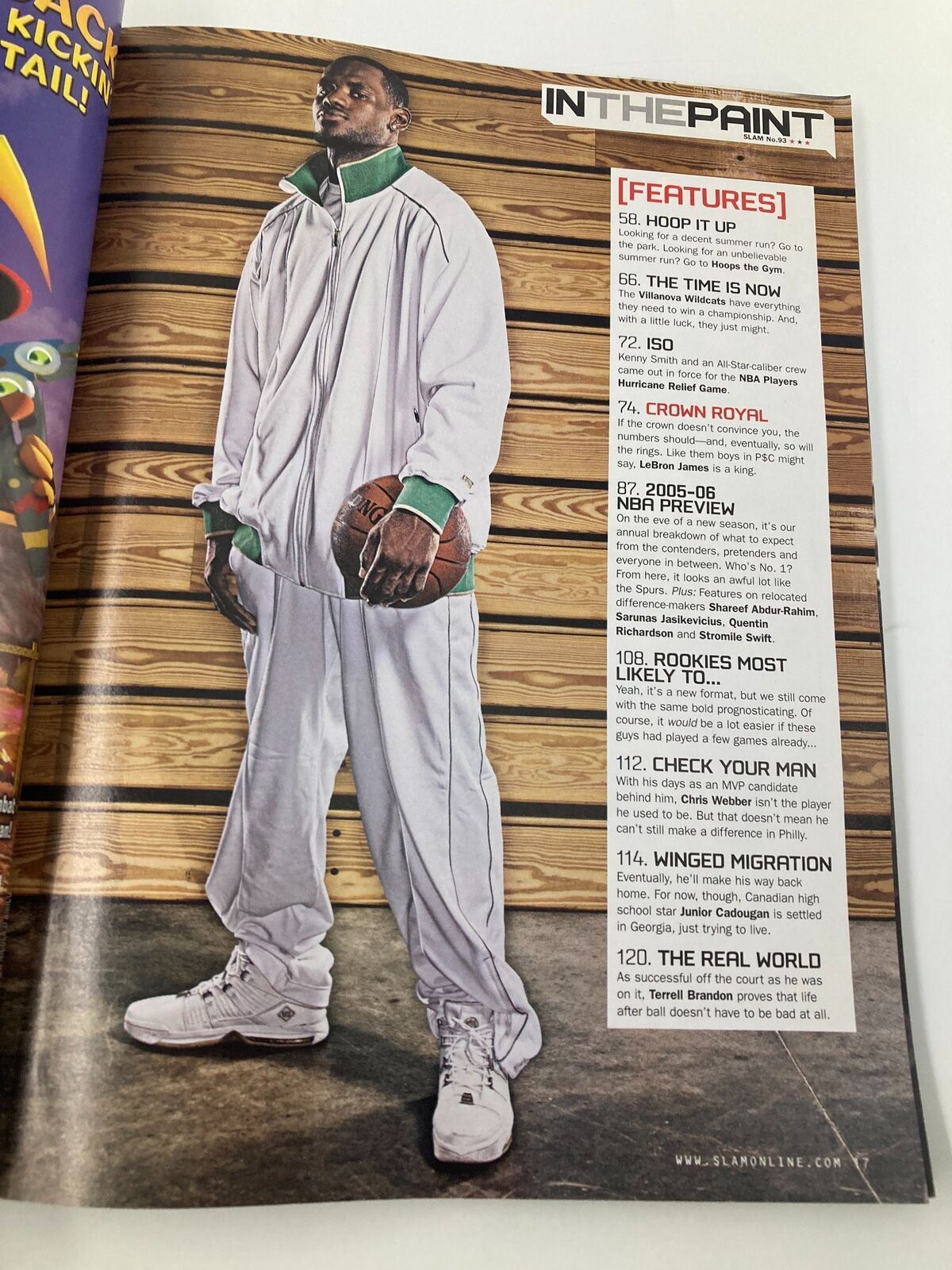 Image from Slam Magazine December 2005 featuring basketball legend LeBron James in a stylish outfit, showcasing his athleticism and style. The magazine captures the excitement of the Cleveland Cavaliers during the 2005-2006 NBA season, ideal for sports memorabilia collectors.