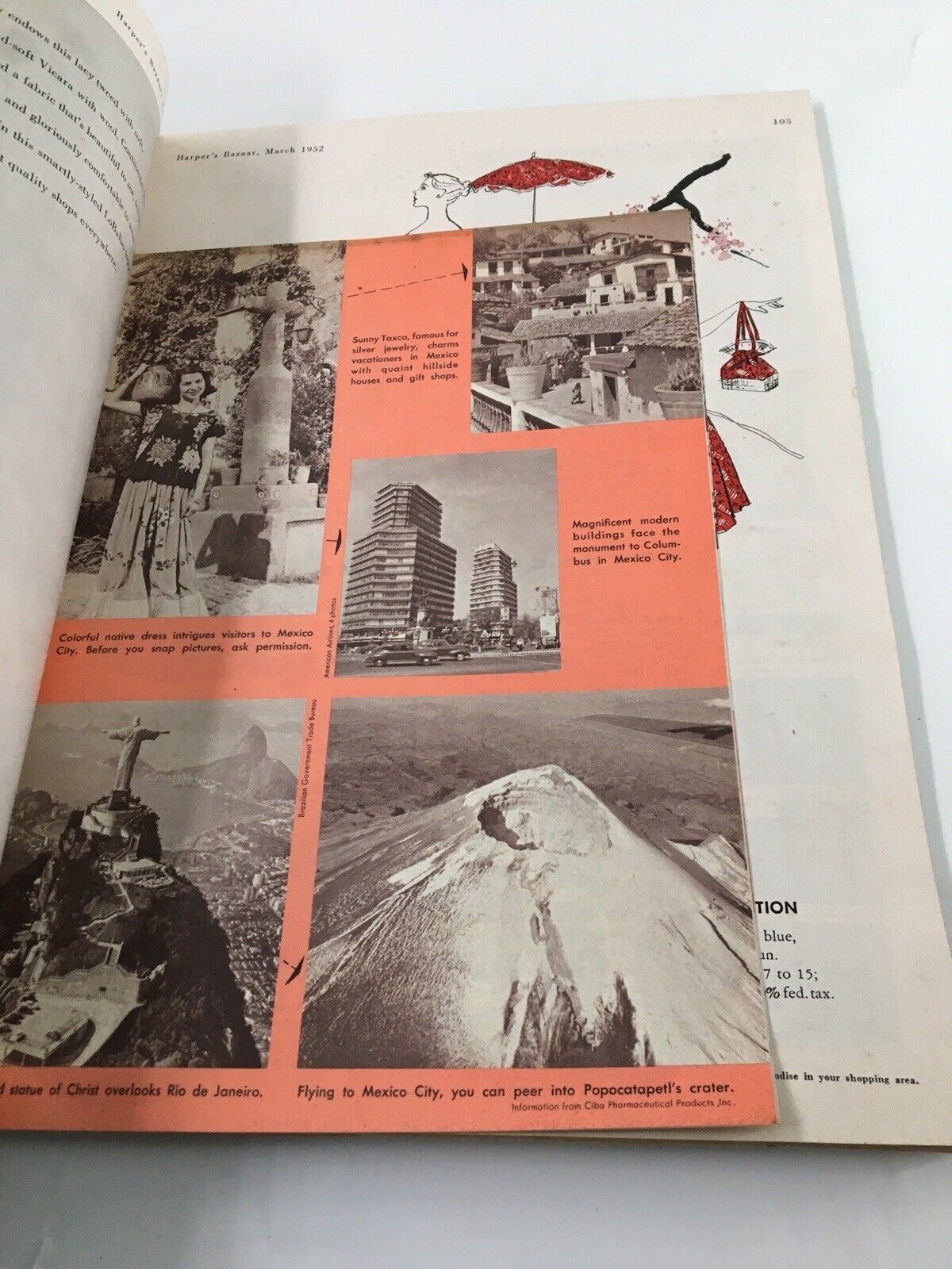 Page from Harper's Bazaar March 1952 showcasing travel photography and advertisements featuring destinations like Mexico City and Rio de Janeiro.