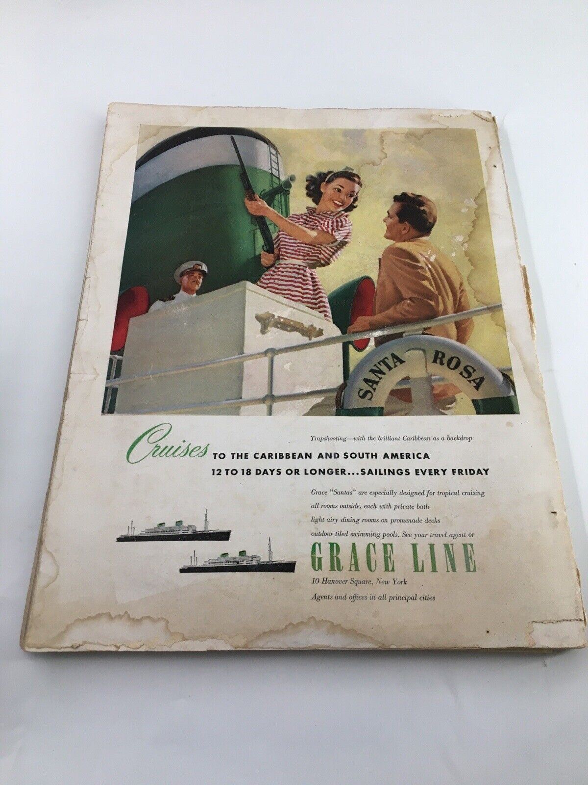 Advertisement for Grace Line cruises in Harper's Bazaar March 1952 Fashion, featuring a cheerful scene with passengers on a ship and promoting journeys to the Caribbean and South America