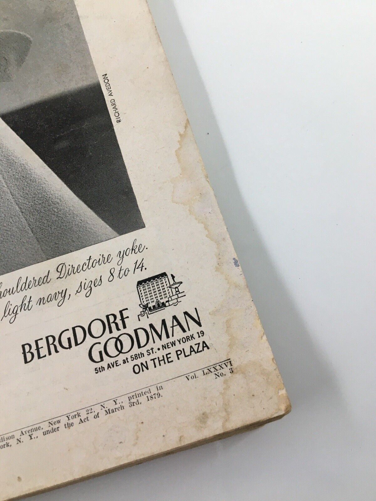 Back cover of Harper's Bazaar March 1952 with an advertisement for Bergdorf Goodman featuring fashion items, showcasing mid-20th century design aesthetics.