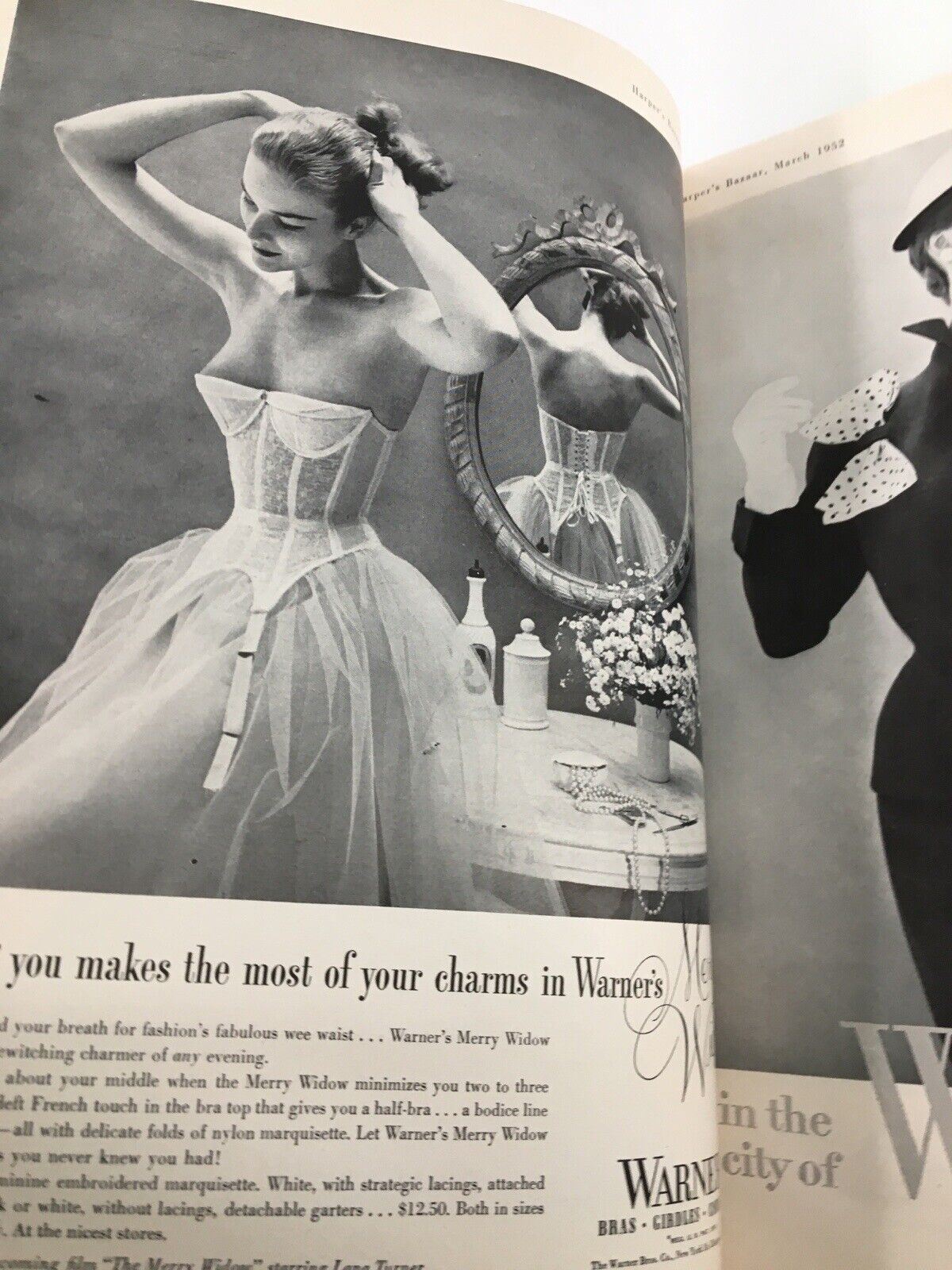 Black and white advertisement from Harper's Bazaar March 1952 promoting Warner's Merry Widow undergarments, reflecting vintage fashion sensibilities.