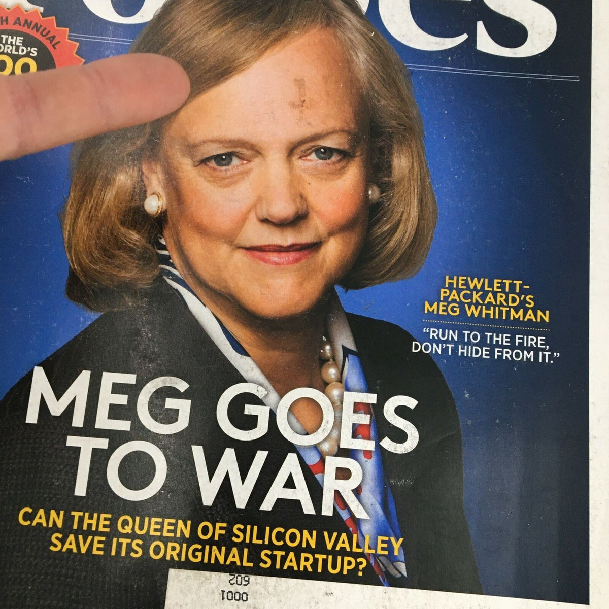 Close-up shot of the Forbes Magazine June 10 2013 cover showing Meg Whitman with the tagline 'Run to the Fire, Don't Hide From It'.