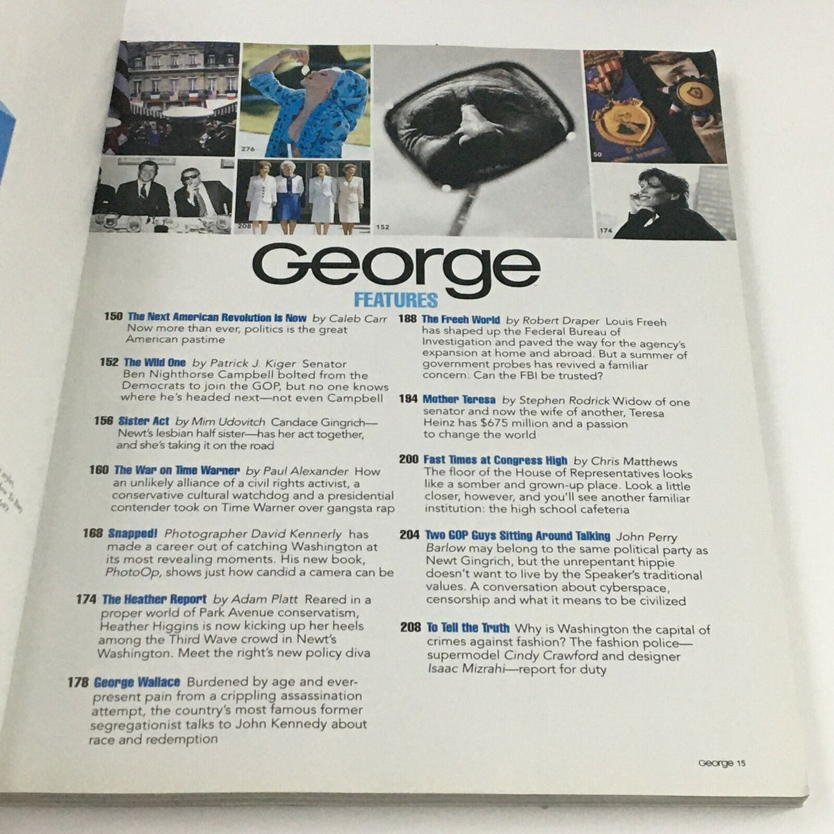 Interior page of George Magazine, October 1995, outlining features including articles on political commentary, civil rights, and profiles of influential figures such as Mother Teresa and George Wallace.
