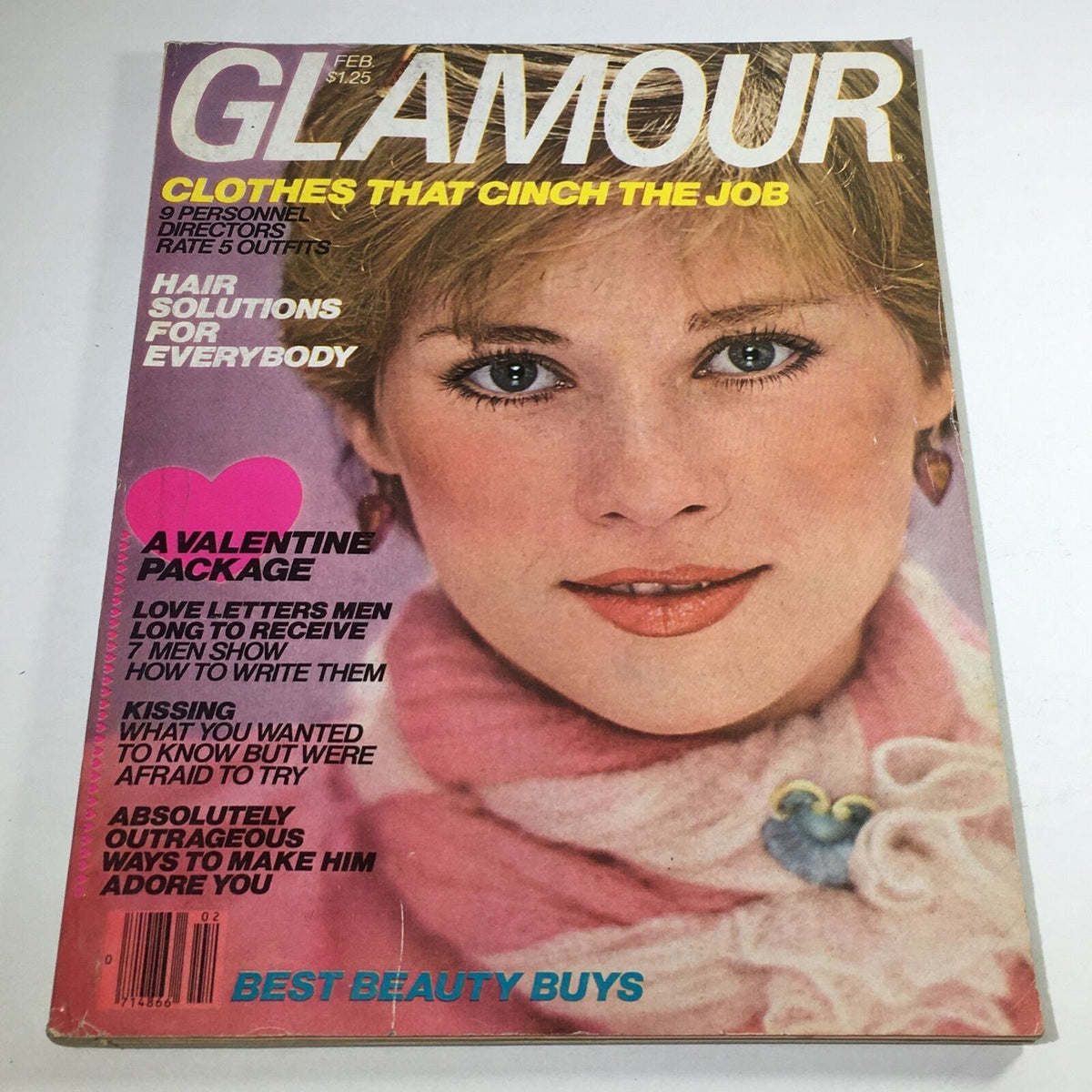 Vintage Glamour Magazine February 1978 Cover featuring a model with stylish makeup and hair, promoting fashion tips, beauty solutions, and Valentine's Day advice.