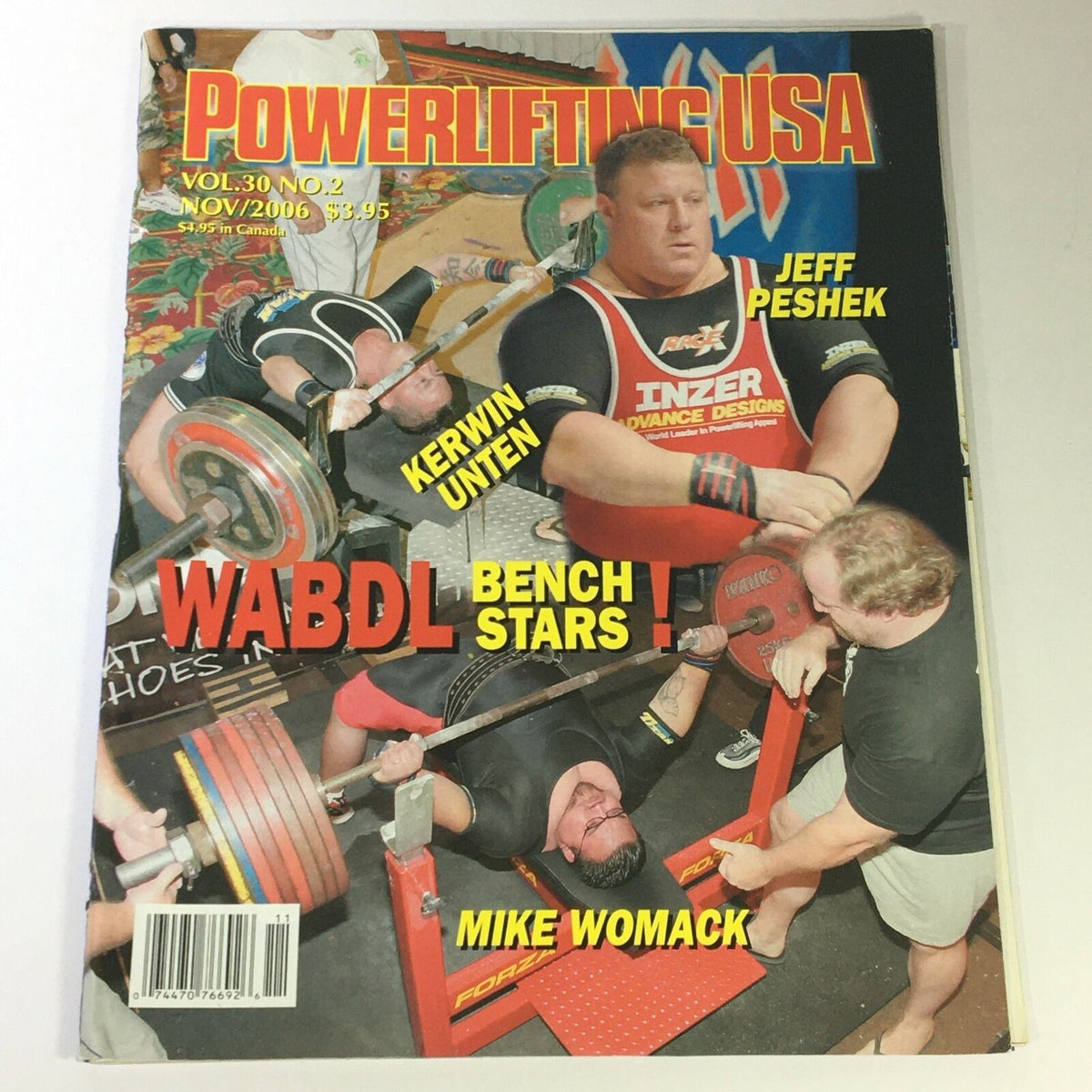 Cover of Powerlifting USA November 2006 Vol 30 #2 featuring athletes Jeff Peshek, Kerwin Unten, and Mike Womack in action during a bench press event, highlighting an important period in powerlifting history.