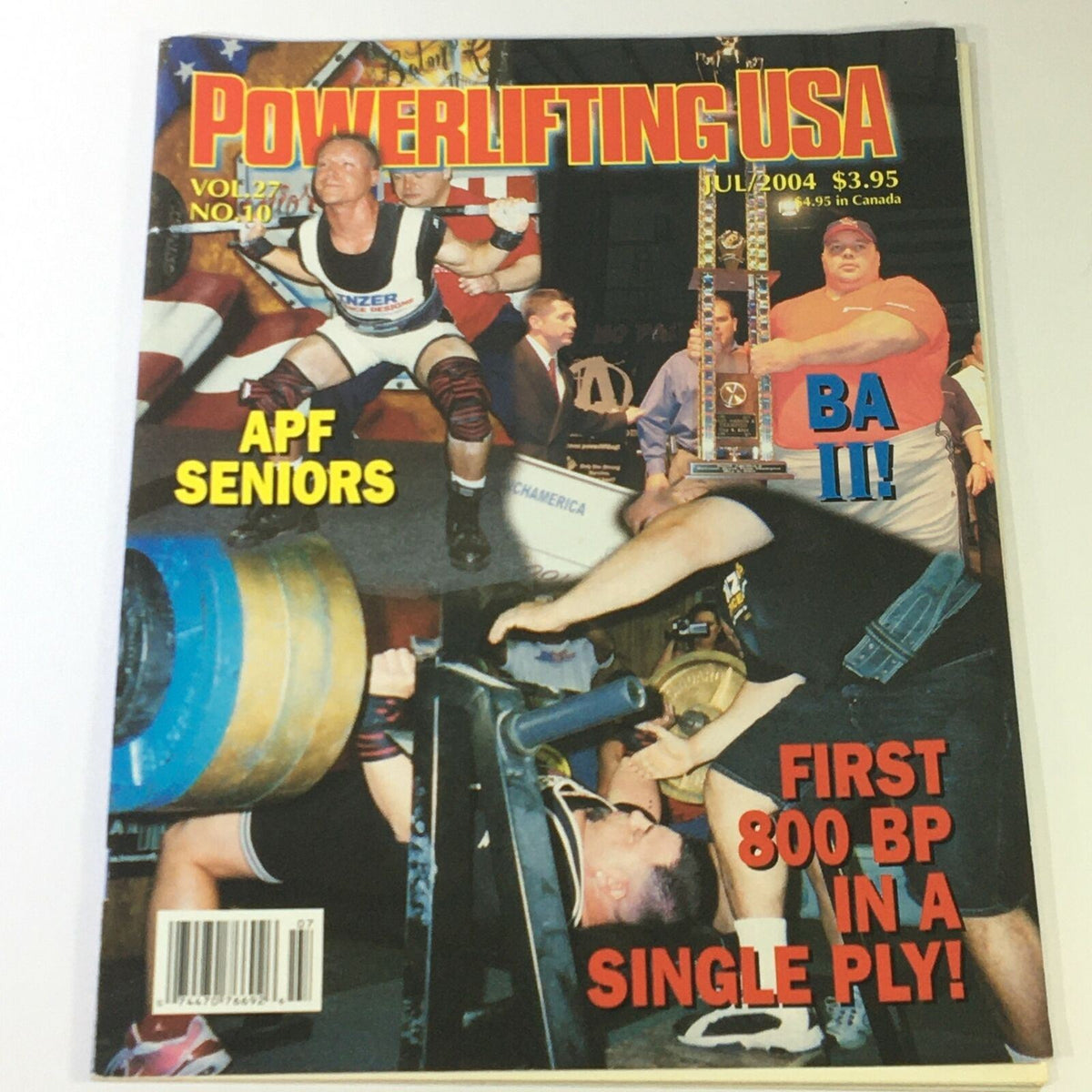 Cover of Powerlifting USA July 2004, Vol 27 No 10, featuring T.J. Hoerner and Big Jeff Lewis, showcasing powerlifting events and trophies.