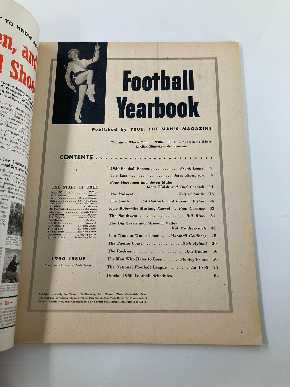 Inside page of the VTG Football Yearbook 1950 Edition displaying the table of contents with featured articles and contributions from notable writers.