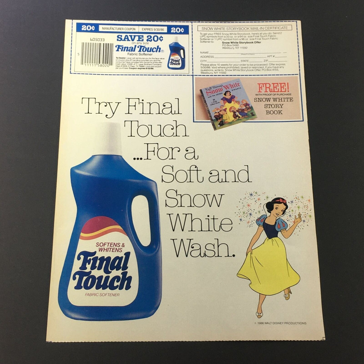 VTG Retro 1986 Final Touch Fabric Softener advertisement featuring a product bottle and a Snow White character, showcasing a coupon for a free Snow White storybook.