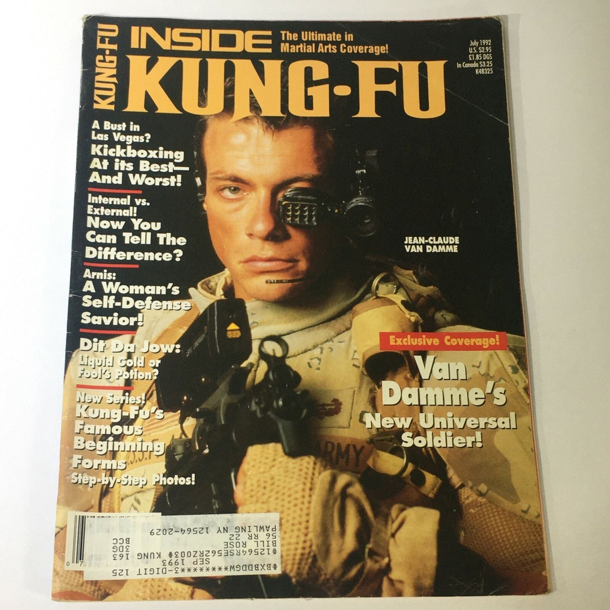 Cover of Inside Kung Fu Magazine, July 1992, featuring Jean-Claude Van Damme with military attire and a weapon. Highlights include articles on martial arts and Dit Da Jow Potion.