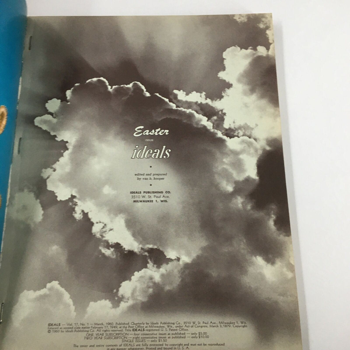 Inside page of Ideals Vol. 17 No. 1 March 1960 Easter Issue displaying a black and white illustration with clouds and title typography.