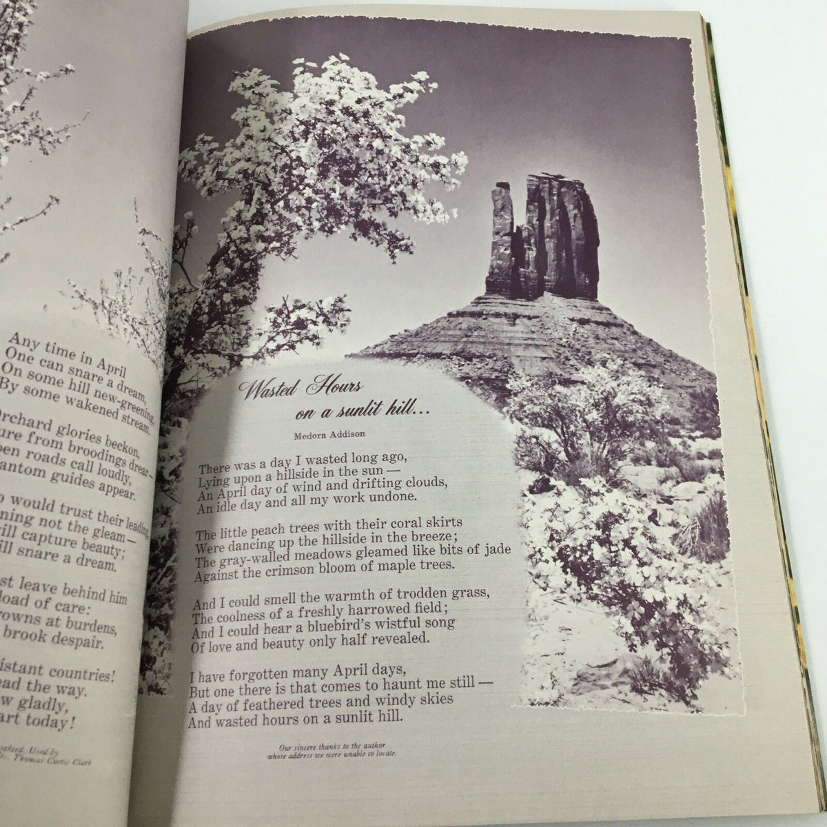 A page from Ideals Vol. 17 No. 1 March 1960 Easter Issue featuring a black and white photograph of a scenic hillside with flowering trees, accompanied by a poem titled 'Wasted Hours' by Mechora Addison.