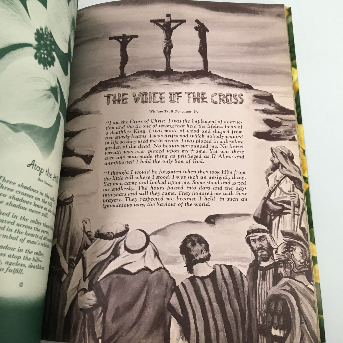 A notable illustration from Ideals Vol. 17 No. 1 March 1960 Easter Issue showing the crucifixion scene with symbolic imagery of the cross, accompanied by text reflecting on the significance of the event.