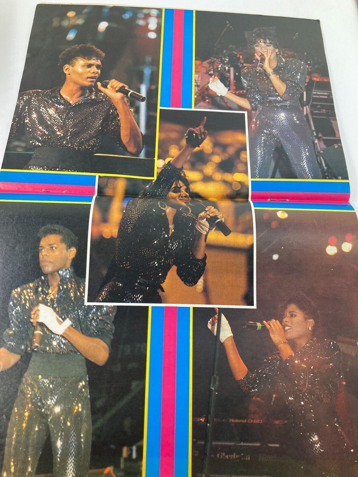 Interior feature from Lookin Magazine 1988 No. 3 displaying performers in stylish outfits, capturing the live performance vibe of the late 80s, emphasizing the era's pop culture.