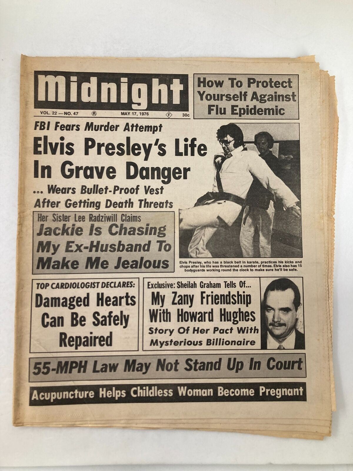 Midnight Tabloid May 17 1976 Vol 22 #47 featuring a dramatic headline about Elvis Presley’s Life in Grave Danger and the FBI's fears of a murder attempt. The image showcases the bold newspaper layout and key articles from the 1970s.