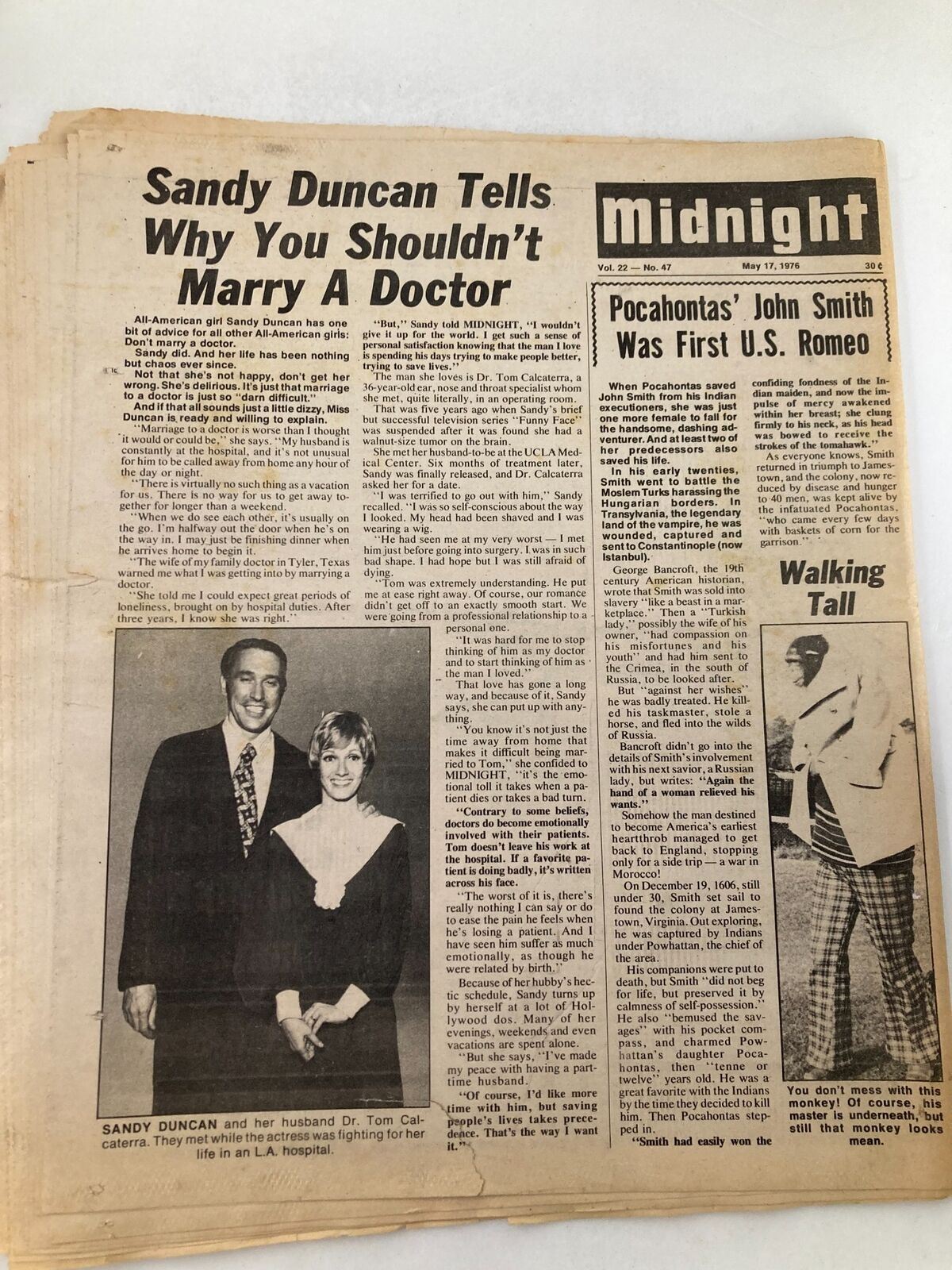 Midnight Tabloid May 17 1976 Vol 22 #47 featuring an article by Sandy Duncan discussing marriage advice. The image highlights the vintage newspaper style and the social topics covered during the 1970s, alongside a photo of Sandy Duncan with her husband.