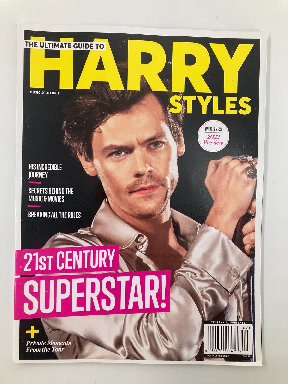 Cover of Music Spotlight Magazine June 2022 featuring an exclusive guide to Harry Styles, showcasing him in a stylish pose with the headline '21st Century Superstar!' highlighting his journey and influence in music and fashion.