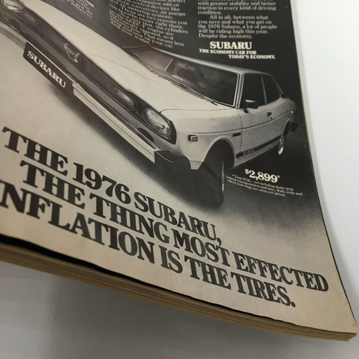 Vintage Esquire magazine March 1976 featuring a Subaru advertisement showcasing the economy car priced at $2,899, with a bold statement about inflation and tire effects.