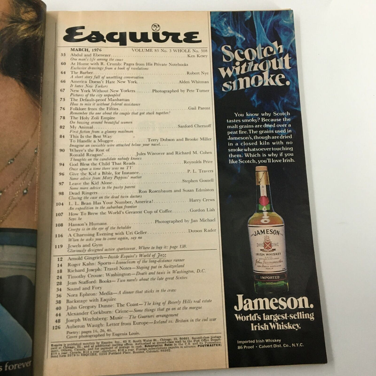 Interior page of Esquire magazine March 1976 listing articles and advertisements, including a whiskey ad for Jameson, capturing the cultural essence of the 1970s.