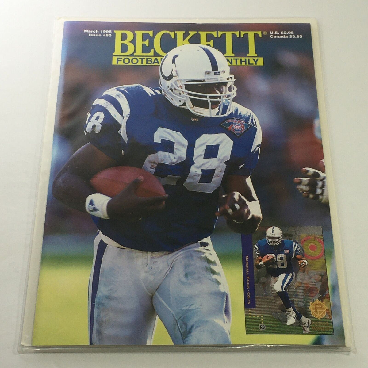 Cover of Beckett Football Card Monthly: March 1995 Issue #60 featuring Marshall Faulk in a blue Colts uniform, showcasing football collectibles and card information.