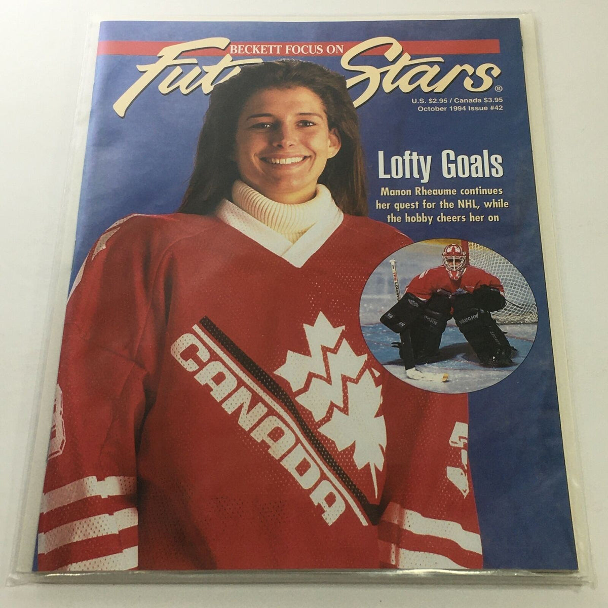 Beckett Future Stars: October 1994 Issue #42 featuring Manon Rheaume in a red Canada hockey jersey, highlighting her journey in the NHL with the tagline 'Lotty Goals'.