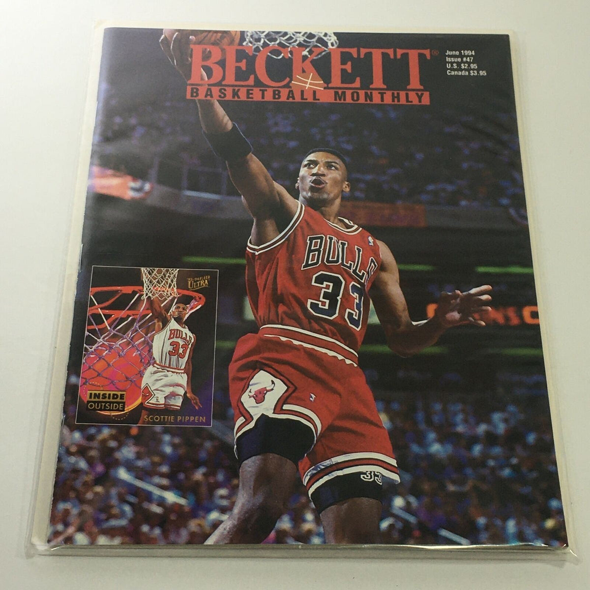 Beckett Basketball Monthly: June 1994 Issue #47 featuring Scottie Pippen on the cover, showcasing Pippen in a basketball jersey while scoring a basket, perfect for collectors and fans of basketball memorabilia.