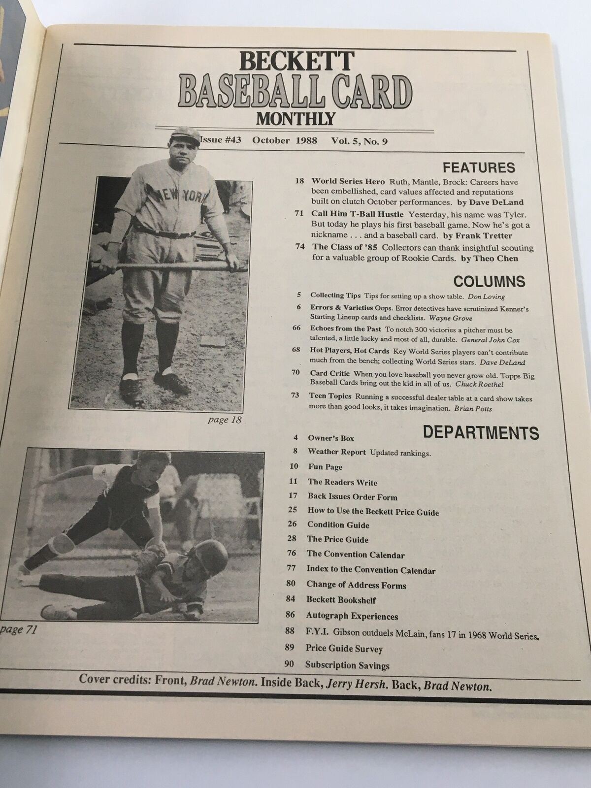 Inside page of Beckett Baseball Card Monthly October 1988 #43 displaying features and columns related to baseball card collecting.