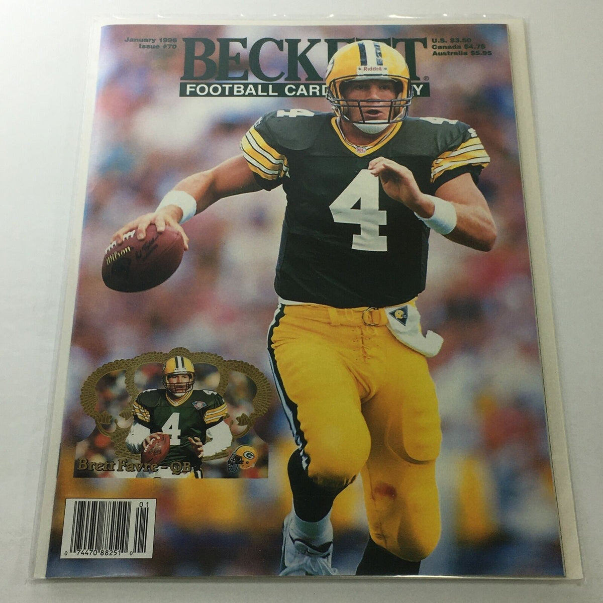 Beckett Football Card Monthly: January 1996 Issue #70 featuring quarterback Brett Favre in action, showcasing his iconic green and gold uniform against a blurred background.