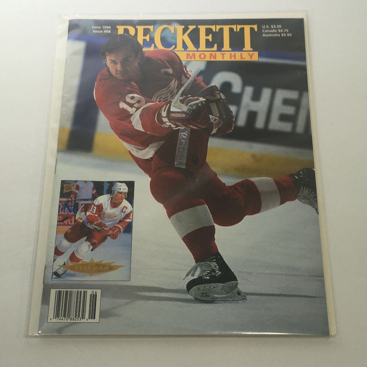 Beckett Hockey Monthly June 1996 Issue #68 featuring Steve Yzerman on the cover, showcasing him in action on ice during a hockey game, with additional imagery of Steve Yzerman featured on the magazine's front.