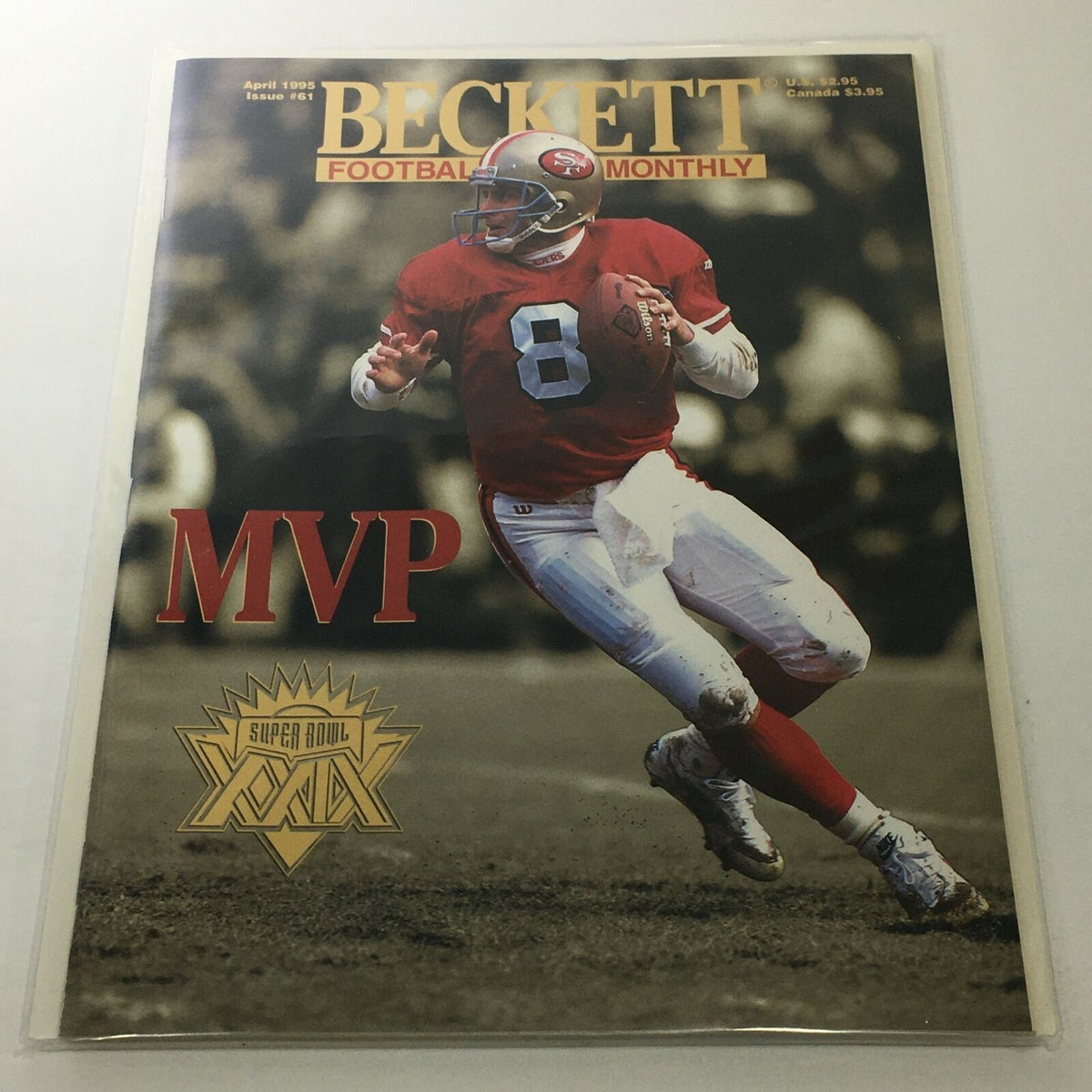 Cover of Beckett Football Card Monthly: April 1995 Issue #61 featuring a player in a red football jersey celebrating his MVP win at Super Bowl XXIX, showcasing sports memorabilia and collectible details.