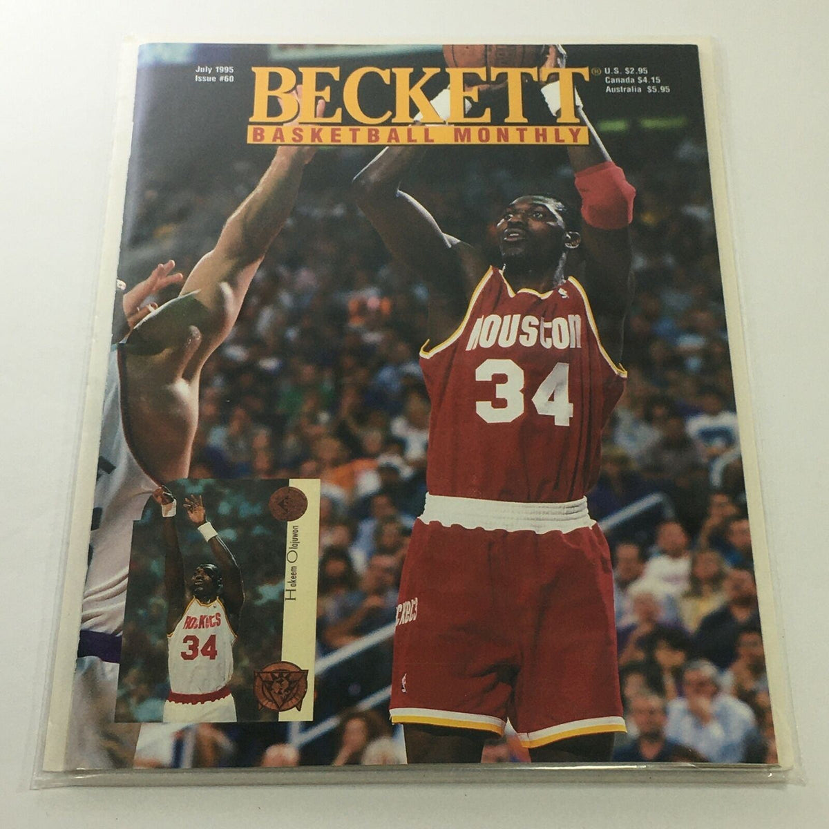 Beckett Basketball Monthly: July 1995 Issue #60 featuring Hakeem Olajuwon on the cover, showcasing a highlighted basketball moment with Olajuwon in his red Houston jersey.