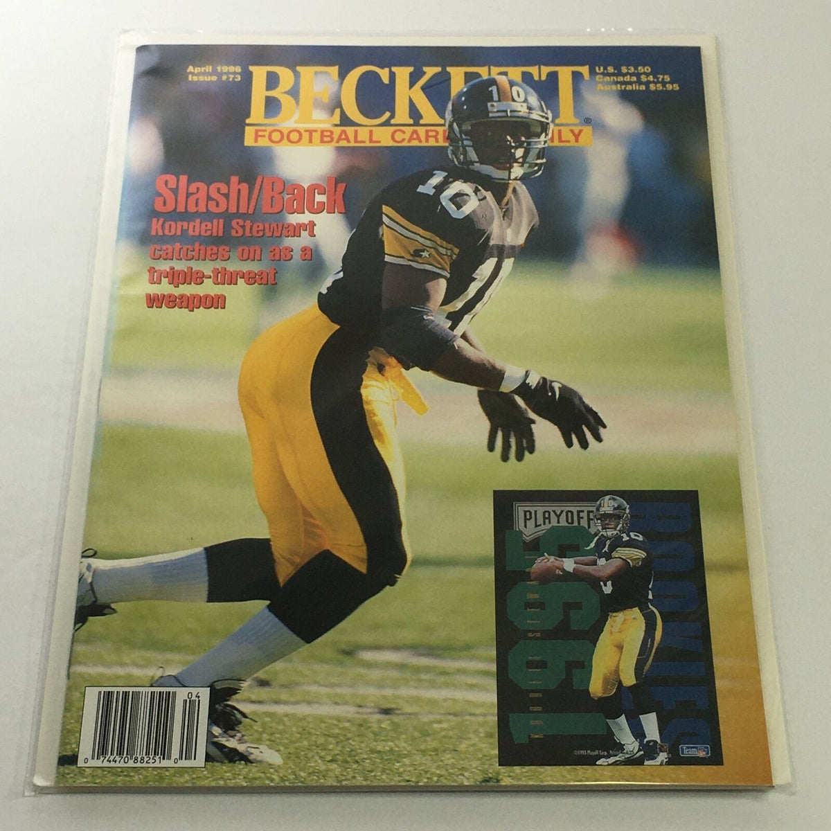 Beckett Football Card Monthly: April 1996 Issue #73 featuring Kordell Stewart in action on the cover, showcasing the dynamic athleticism of the football player with special feature on his triple-threat capabilities.