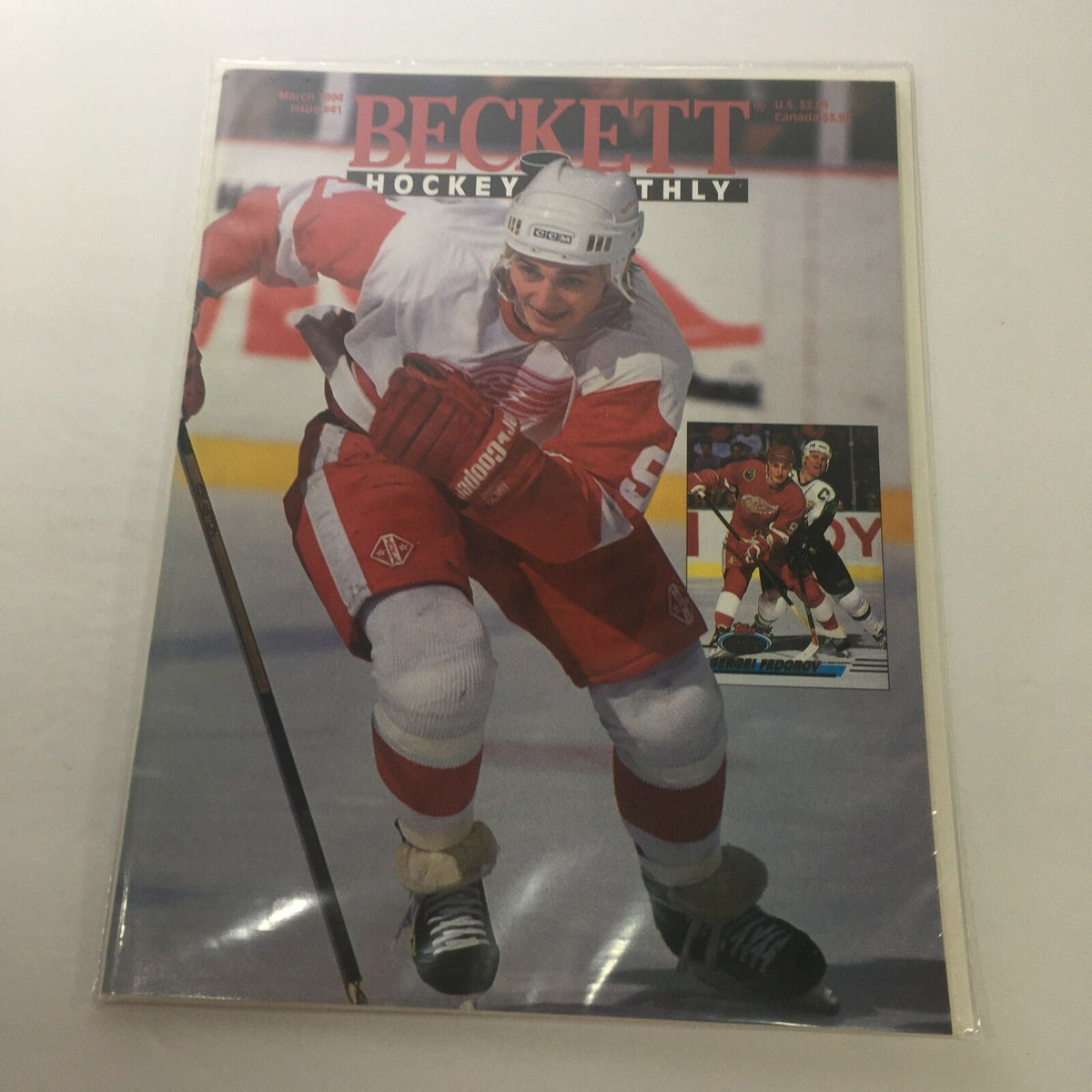 Beckett Hockey Monthly: March 1994 Issue #41 featuring Sergei Fedorov on the cover, showcasing an action shot of a player skating with a hockey stick, emphasizing the magazine's focus on hockey collectibles and player highlights.