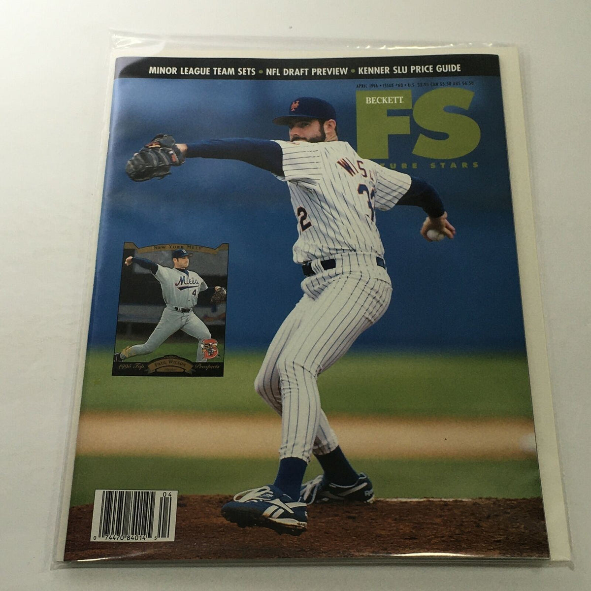 Beckett Future Stars April 1996 Issue #60 featuring Mets' Paul Wilson on the cover, showcasing him pitching with a baseball magazine design.