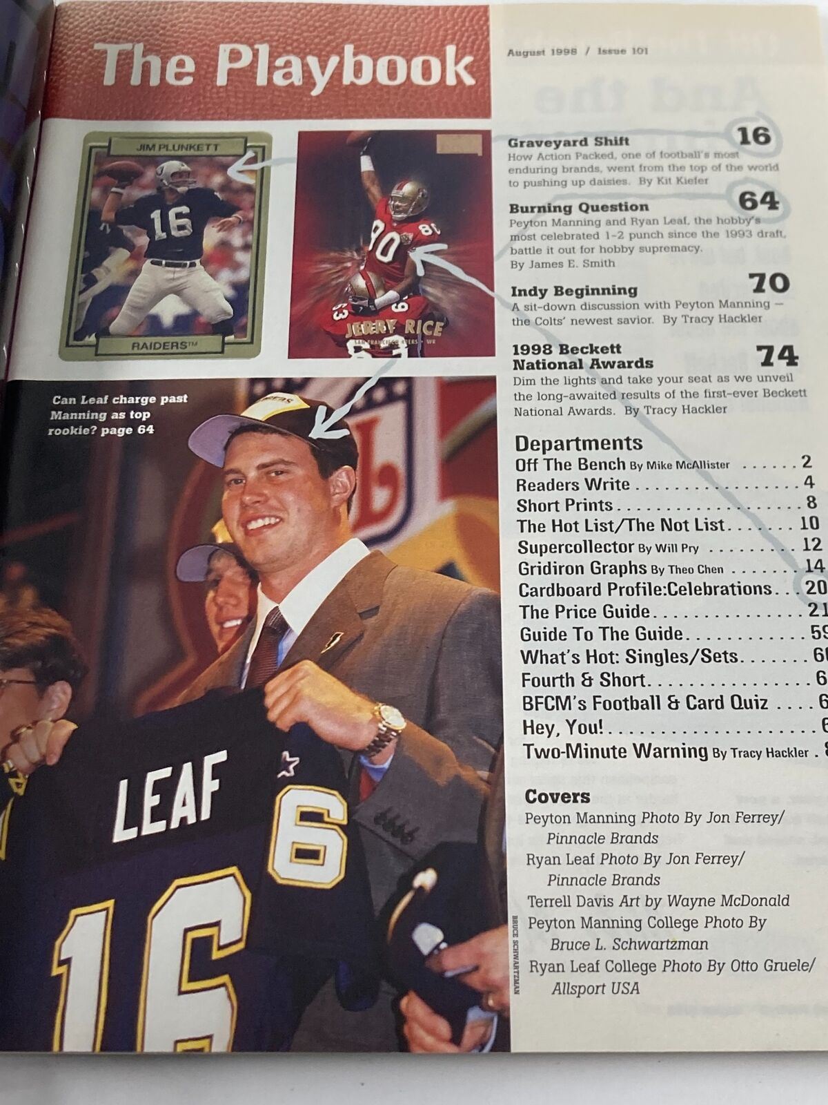 Inside of Beckett Football Card Monthly August 1998 Issue 101 displaying an article section titled 'The Playbook' with details on Peyton Manning and Ryan Leaf, featuring images and text about their performance and comparisons.